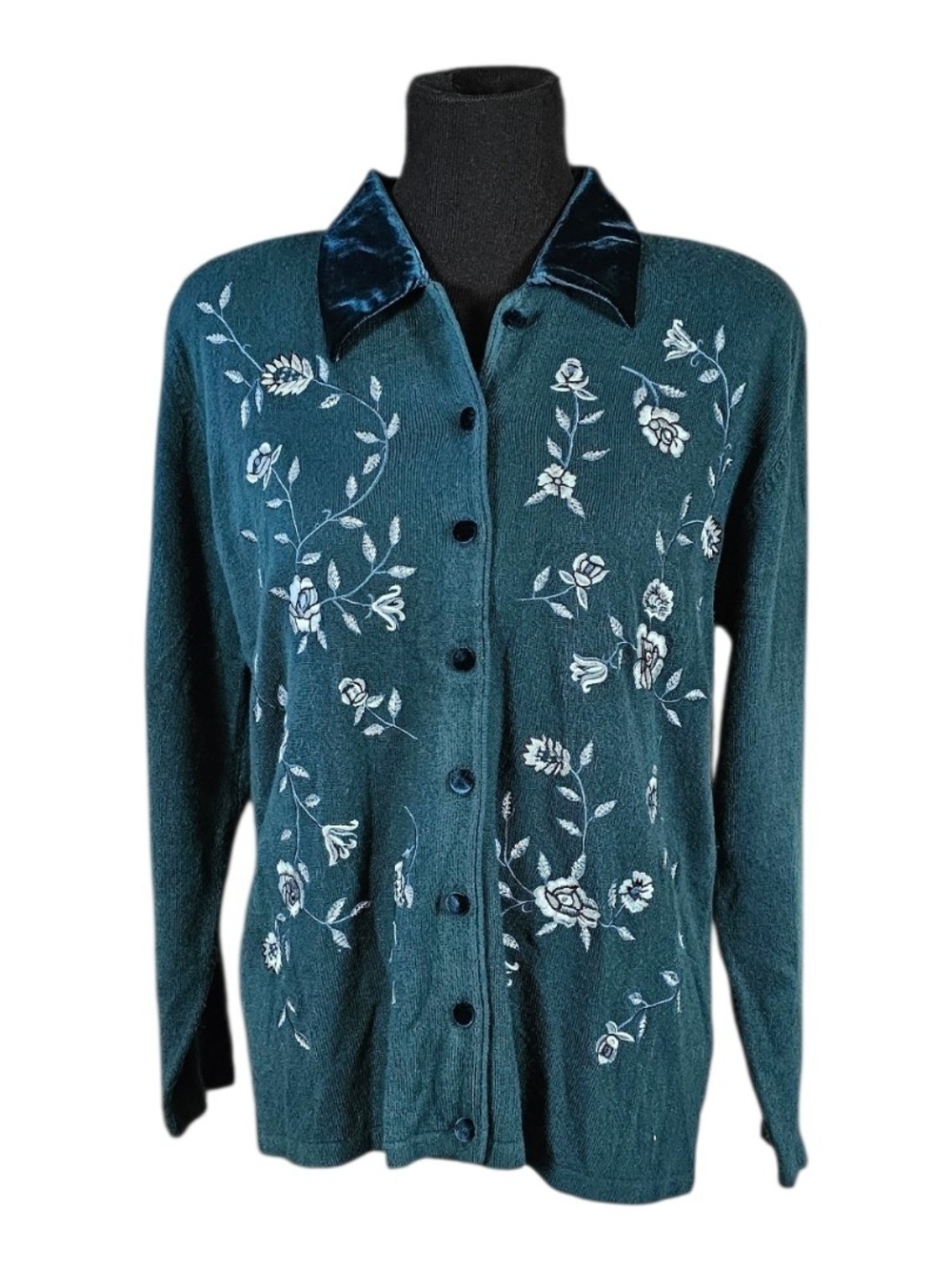 Koret Embroidered Floral Cardigan Sweater Velvet Collar Green Medium